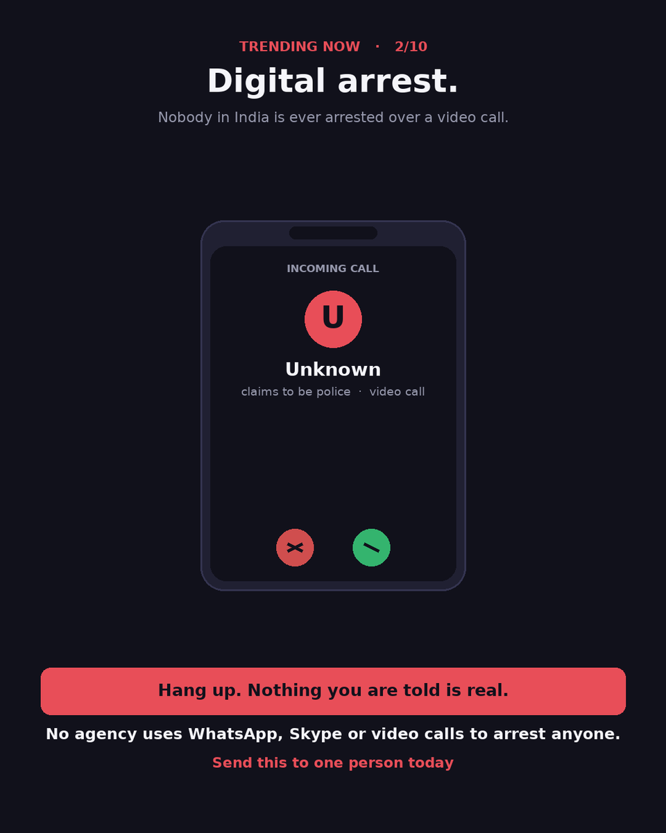 TechnesiumBlog's tweet photo. Digital arrest. Nobody in India is ever arrested over a video call.

Hang up. Nothing you are told is real.

No agency uses WhatsApp, Skype or video calls to arrest anyone. https://t.co/55ueECKTsp