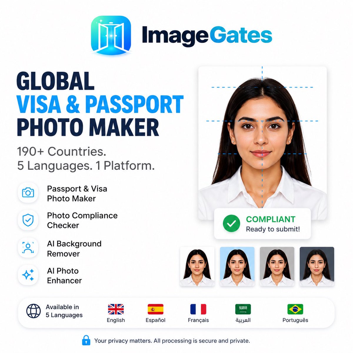 imagegates1's tweet photo. Passport or visa photo? We’ve got you covered.

Create and check your photo for 190+ countries with ImageGates — available in 5 languages.

📸 Passport &amp; Visa Photo Maker
✅ Photo Compliance Checker
✂️ AI Background Remover
✨ AI Photo Enhancer

https://t.co/LpfZR7VK1A https://t.co/xhbldjQbI3