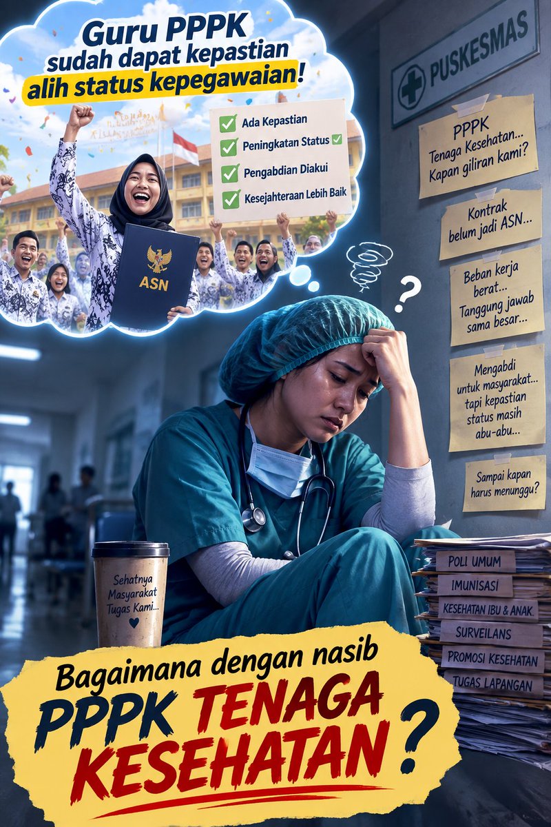 NakesPuskesmas's tweet photo. LAGI-LAGI NAKES DIKECUALIKAN 🥹

Coba mendengarkan ulang konferensi pers pemerintah soal alih status guru PPPK Paruh Waktu ke Penuh Waktu dan PPPK Penuh Waktu ke ASN Pusat, dan ya ternyata beneran gak ada yg menyebut soal Tenaga Kesehatan (Nakes). I feel pretty sad for this.

Padahal Nakes dengan status PPPK di daerah itu juga banyak. Yang paruh waktu lebih banyak lagi, tersebar di berbagai puskesmas-puskesmas dan RSUD dengan gaji alakadarnya, bahkan banyak yg dibayar cuma dari jasa pelayanan saja. Mengimpikan pelayanan yg bermutu dengan imbalan seadanya adalah mimpi di siang bolong.

Kalau alasan perpindahan alih status ini utk meringankan porsi penggajian daerah, pemeretaan ketenagaan hingga peningkatan kesejahteraan, maka mestinya Nakes tidak boleh dikecualikan. Apalagi kesehatan adalah kebutuhan dasar yang menjadi syarat utama dan mutlak yang harus dipenuhi agar manusia dapat hidup layak, aktif, dan produktif. 
Nakes ini memang complicated. Menyoal gerakan, terlalu banyak profesi kesehatan yg perlu disatukan dengan berbagai kepentingan dan permasalahan masing-masing. Giliran mau bikin gerakan, terbentur dengan rutinitas kerjaan yang sangat hectic.

Sayang, gak ada perwakilan sama sekali dari Kemenkes nampak di konferensi pers. Seolah mengiyakan pandangan banyak Nakes bahwa Kemenkes ini gak pernah total memperjuangkan kesejahteraan para Nakesnya. Mereka gak peka melihat kondisi bahwa Nakes PPPK baik Penuh maupun Paruh Waktu itulah yg banyak membantu menyukseskan program Kemenkes di tingkatan Puskesmas. Kayak program CKG itu yg kalian bangga-banggakan ke Presiden.

Shame on you!