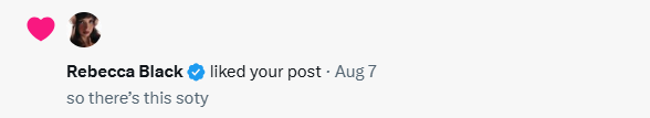 reemran2million's tweet photo. Rebecca Black has like two (2) of my posts in the last ten (10) days. This officially means that I am her favorite and will be switching up on everybody. https://t.co/5hWKjtulzH