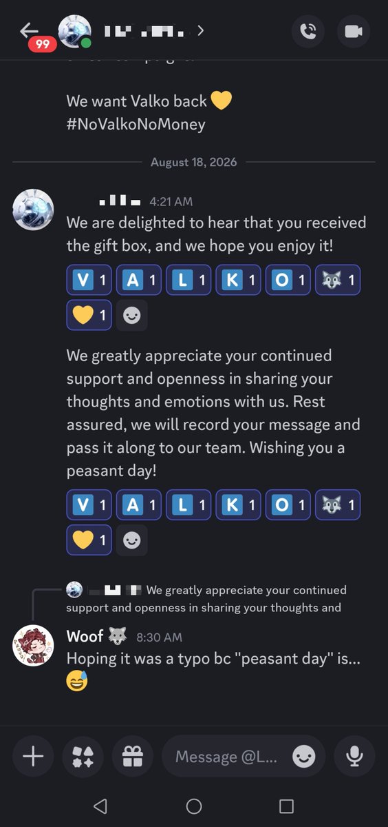lunakolovesqiyu's tweet photo. Y'all my VIP cs wished me a peasant day 🤡

(Sharing for funsies, they probably didn't mean it... Right? 🫠) 

(Also blurring bc I'm not sure if we are allowed to show the VIP acc name, someone pls let me know I don't know how to social media 😭) https://t.co/C0LY1g4Ruw