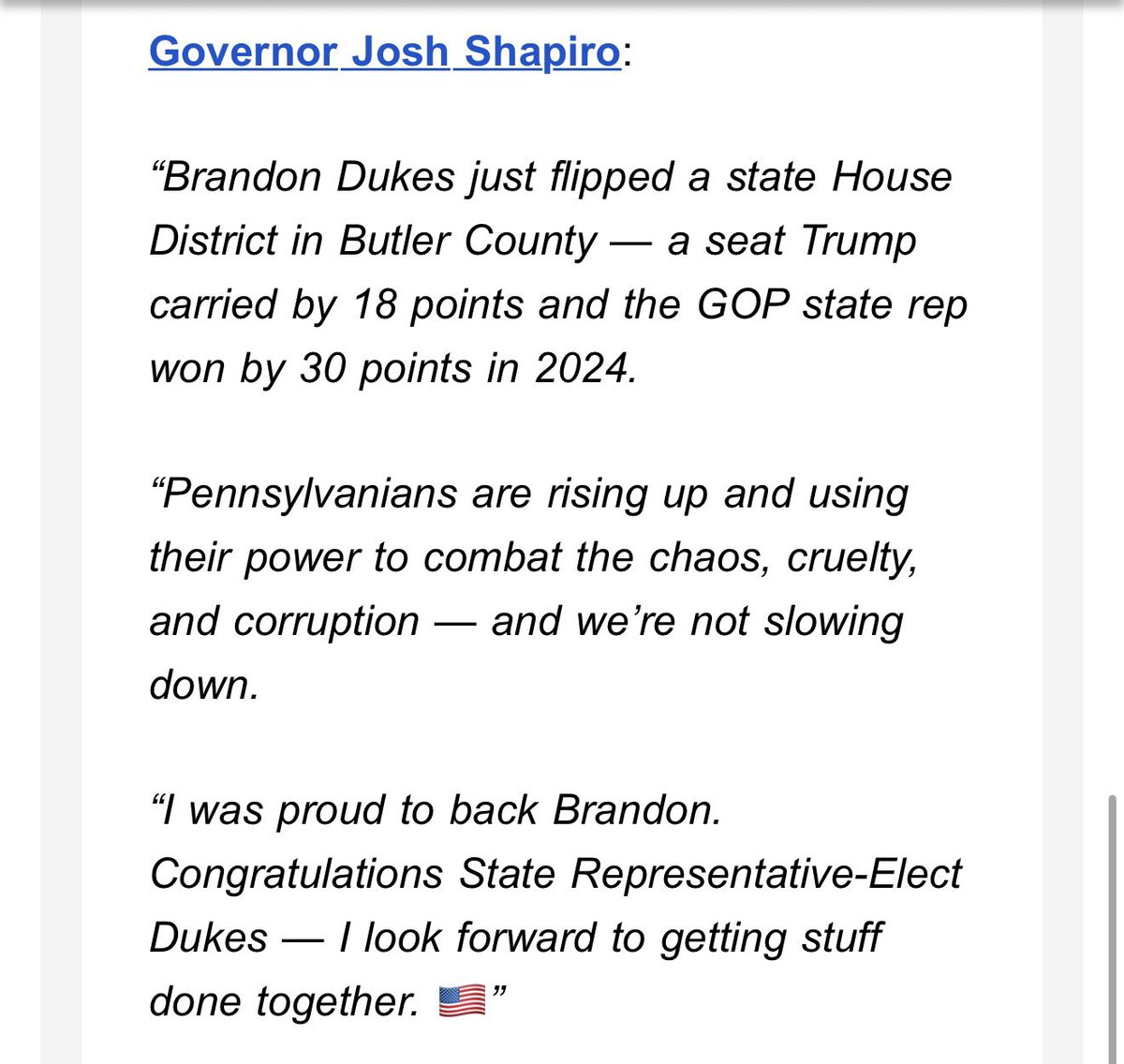 sean_kitchen89's tweet photo. INBOX: Pennsylvania Democrats claiming victory in the PA HD-12 special election where Brandon Dukes won in a Trump +18 seat.

Gov. Josh Shapiro did robocalls, while Lt Gov. Austin Davis and Rep. Chris Deluzio volunteered in district  leading up to the special election https://t.co/u3AxqJzGM7