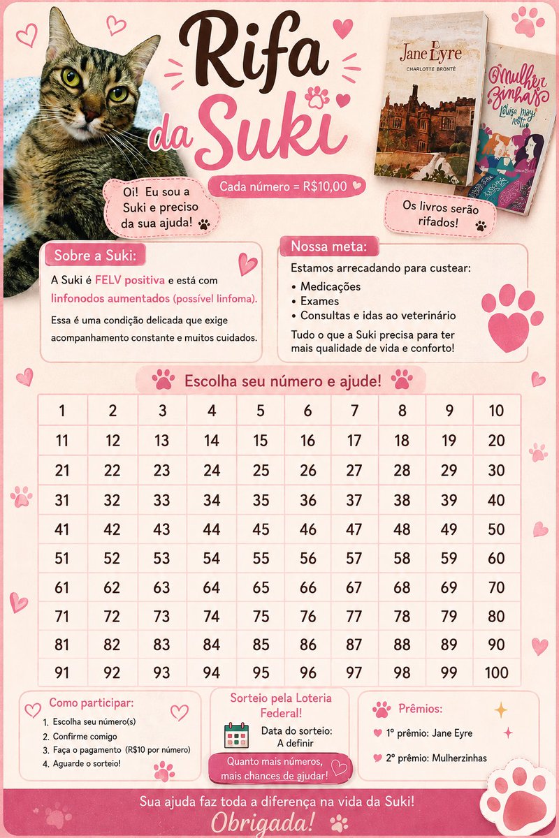 dedemedica's tweet photo. 🌸 RIFA DA SUKI 🌸

oiii gente, fazendo essa rifa aqui para ajudar a custear o tratamento da minha gatinha Suki que está com provável linfoma. Cada número está no valor de 10 reais e como premiação esses dois livros LINDOS 

só de dar rt já me ajuda muito 💕 https://t.co/KGjLi4FveS