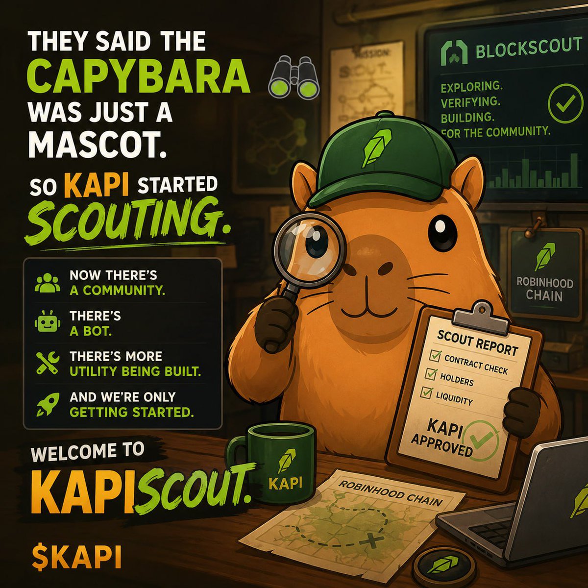 kapiscout's tweet photo. They said the capybara was just a mascot.

KAPI had other plans. 🦫🔎

Welcome to KAPISCOUT.

$KAPI https://t.co/OWAUBh5o50