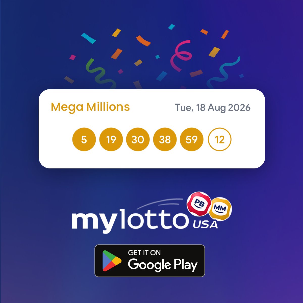 mylottousa's tweet photo. Mega Millions results are in! 🤩

📅 Tuesday, 18 Aug 2026
✨ 05, 19, 30, 38, 59 + 12 ✨

💰 Did your numbers come up?

#MegaMillions #LotteryResults #MyLottoUSA https://t.co/BIasPArD1e