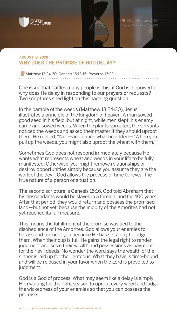 FaithKultureDEV's tweet photo. God is a God of process. What may seem like a delay is simply Him waiting for the right season to uproot every weed and judge the wickedness of your enemies so that you can possess the promise. https://t.co/UGMUCBNfj9