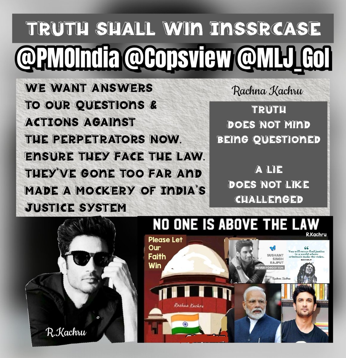 KachruRachna's tweet photo. @Copsview @MLJ_GoI
WE WANT ANSWERS to Our Questions & ACTIONS Against The Perpetrators NOW.Ensure They Face The Law.Theyโve Gone Too Far Making a MOCKERY of Indiaโs Justice System
They're #NotAboveTheLAW
#ArrestRheaChakraborty
Truth Shall Win InSSRCase
๐ฑ#Justice4SSR Is A MUST https://t.co/McUCJfe9Ar