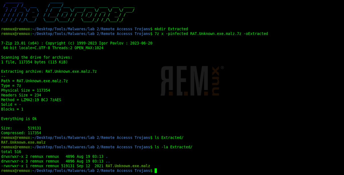 samuelmwangi002's tweet photo. Next stage: Safe extraction and sample preservation. Always make sure that you extract the files from the archive into their own directory. Don't forget to calculate the file hashes so that any small change can easily be noted. In this case, safe extraction into a directory called Extraction and password infected is done using the command 
7z x -pinfected <filename> -oExtracted