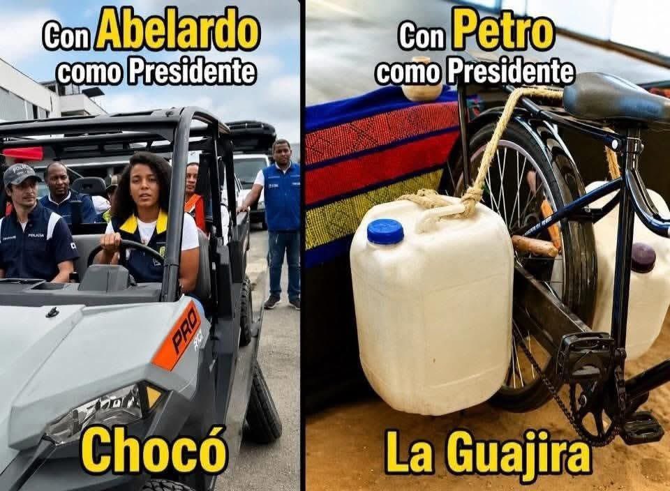 waldoalarconho1's tweet photo. La "ayuda" del Gobierno Petro ante las emergencias:
Para los Wayúu en La Guajira, tras el saqueo de los carrotanques: una bicicleta y un galón de agua.
Para el Chocó en plena crisis por el terremoto: un carro entregado a la gobernadora por Abelardo para visite las zonas afectadas https://t.co/XBBVKr5N5H