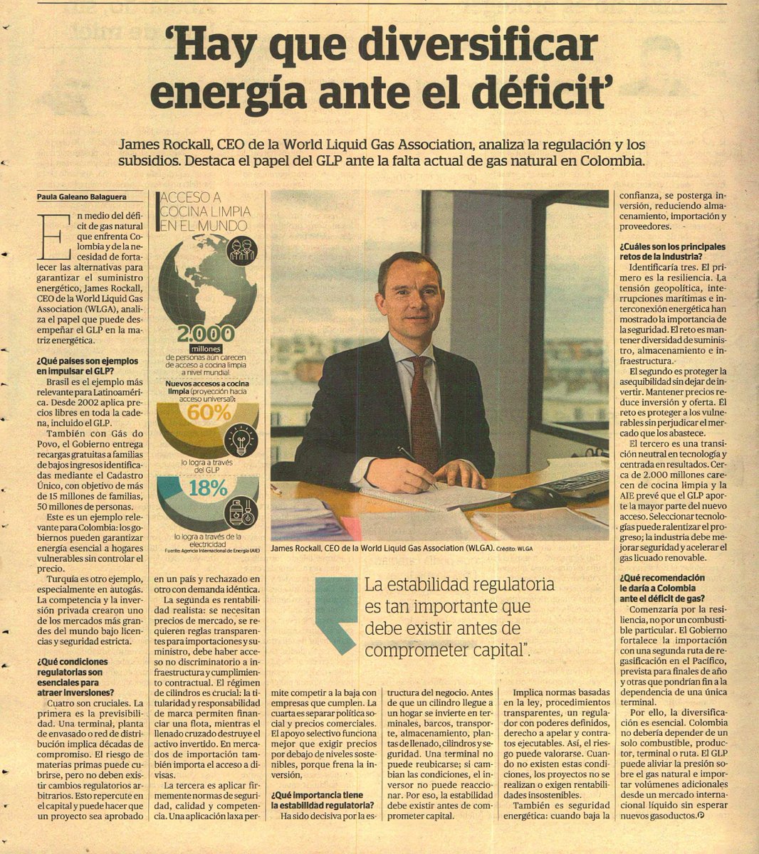 GasnovaCo's tweet photo. #SomosNoticia 'Colombia debe diversificar energía ante el déficit de gas y fortalecer el mercado del GLP en 2026': James Rockall

En medio del déficit de gas natural que enfrenta Colombia y de la necesidad de fortalecer las alternativas para garantizar el suministro energético, James Rockall, CEO de la World Liquid Gas Association (WLGA) @WorldLiquidGas, analiza el papel que puede desempeñar el GLP en la matriz energética.

El líder gremial global, quien participará en el 8° #CongresoGLPGasnova Congreso Internacional del GLP – GASNOVA, aborda la experiencia de países como Brasil, Turquía, India e Indonesia en materia de competencia, regulación y subsidios. También plantea los factores que, a su juicio, son determinantes para atraer inversión, garantizar la seguridad energética y proteger a los consumidores vulnerables. Vía @Portafolioco 👉 https://t.co/BxKPekC8EV
@AsocGasLic @amexgasmx @ceglaglp @EAdrianCalcaneo @MinEnergiaCo @comisioncreg