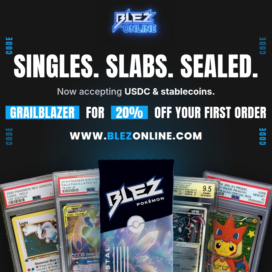 blezsportscards's tweet photo. Singles, slabs, sealed wax: real cards + on-chain checkout from OG card collectors. 

We take USDC &amp; stablecoins now. GRAILBLAZER = 20% off your first order.