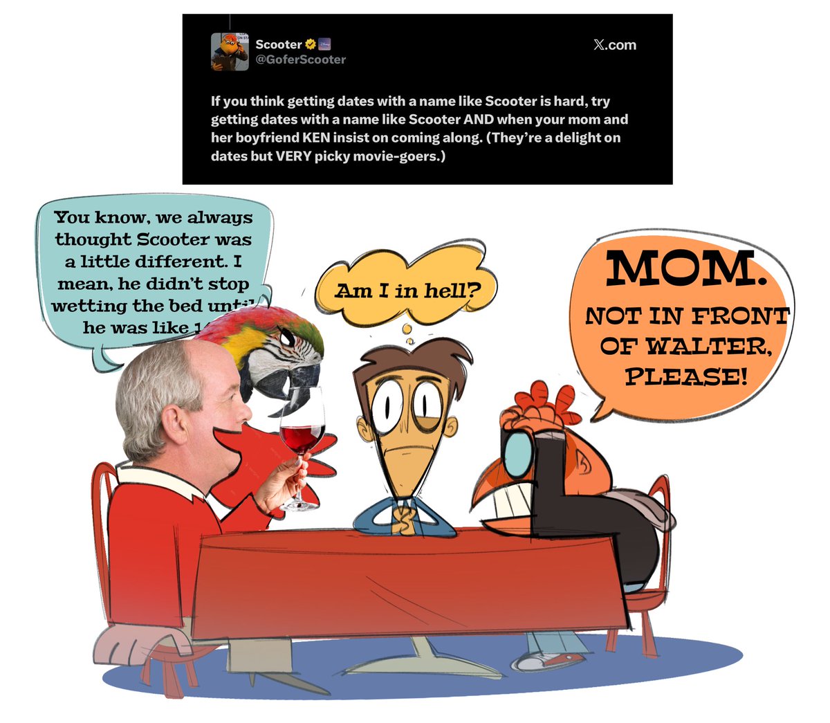 IssaRobbortR's tweet photo. To this day this is one of my favorite pieces of scooter lore it’s so fucking humiliating I needed to wooterify it immediately 

#TheMuppets #Wooter https://t.co/Ogt8JuVvdh