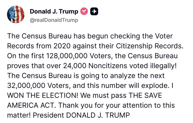 drawandstrike's tweet photo. How many of you understand the implications of what he said here?

24,000 noncitizens who VOTED illegally.  

The states didn't catch.  

Because the state systems have been DELIBERATELY SET UP NOT TO CATCH IT. 

It took the CENSUS BUREAU checking voter records against their Citizenship Records to determine this. 

Understand now why 35 states are fighting the DOJ Civ. Rights Div in COURT trying to avoid having to turn over their voter rolls?  

If they hand over the voter rolls and @HarmeetKDhillon  and the DOJ work in conjunction with the Census Bureau to compare the voter records with the citizenship records, they KNOW what's going to surface. 

The 35 states are determined to avoid that at all costs. 

Look for furious attempts to file lawsuits and/or attempts to get federal judges to BLOCK or ISSUE INJUNCTIONS trying to prevent the Census Bureau and the DOJ Civ Rights Div from comparing any more voter records with citizenship records.