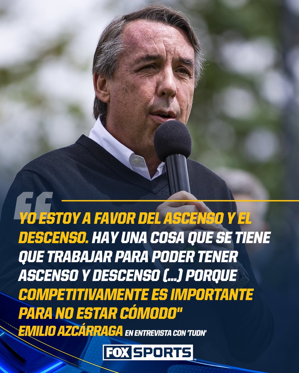 FOXSportsMX's tweet photo. EMILIO AZCÁRRAGA SE DECLARA A FAVOR DEL ASCENSO Y DESCENSO 😲

El dueño del América señaló que el ascenso y descenso es "importante para no estar cómodo", aunque también dio las razones por las que se suspendió. 

Vía: TUDN. 

👉 https://t.co/hM1XFsoRtF

#CentralFOX https://t.co/8m2HsK5DYd
