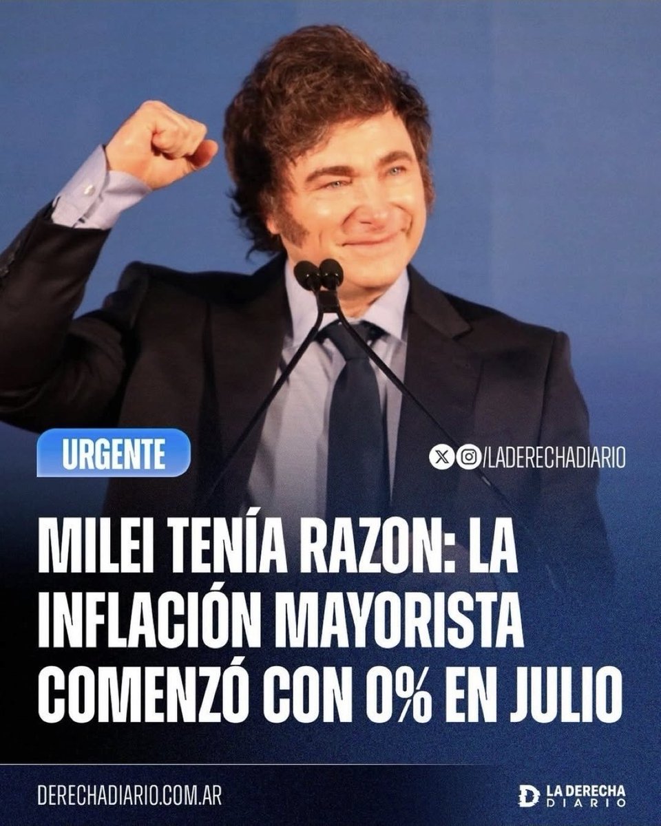 AlanWentin21322's tweet photo. Y UNA VEZ MÁS MILEI TUVO RAZÓN

El "rezago" de 26 meses era el tiempo que, según estimaciones monetarias, tarda la política de emisión cero en reflejarse por completo en la economía y hacer que la inflación mensual baje a niveles cercanos a cero.

La inflación mayorista de julio cerró en apenas un 0,8%, marcando el inicio con cero como lo había anticipado @JMilei, a partir de los 26 meses después de que se dejó de emitir a mitad del 2024.

Todo sigue marchando acorde al plan. Y Argentina será próspera! 🇦🇷