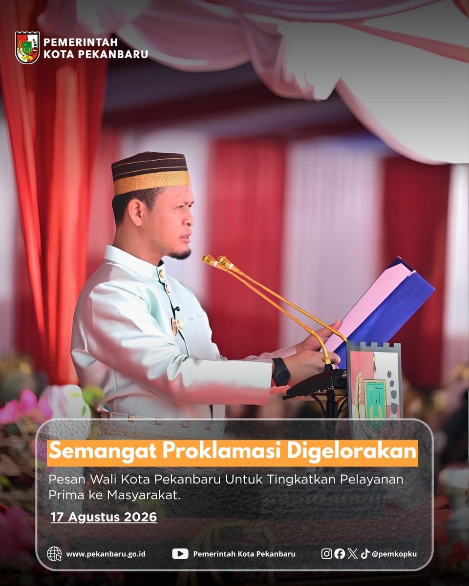pemkopku's tweet photo. PEKANBARU - Nuansa kebhinekaan dan semangat nasionalisme begitu terasa kental mengalun di halaman Komplek Perkantoran Pemko Pekanbaru saat ribuan pasang mata menyaksikan jalannya Upacara HUT ke-81 Kemerdekaan RI,.....

Berita selengkapnya kunjungi https://t.co/msa27XHMUF https://t.co/yMcnty1hzw
