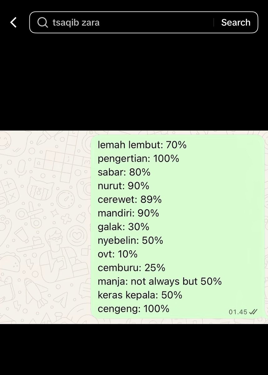 insidefolkative's tweet photo. Pasangan Adhisty Zara dan Tsaqib kembali mencuri perhatian lewat percakapan ringan mereka yang diunggah di media sosial.
Dalam chat tersebut, keduanya saling memberikan rating untuk berbagai sifat pasangan. Salah satu yang paling mencolok adalah soal kecemburuan.
Tsaqib memberikan rating cemburu untuk Zara dengan angka fantastis, mencapai deretan angka nol yang seolah tak ada habisnya. Sementara Zara justru memberikan nilai 25 persen untuk tingkat kecemburuan Tsaqib. ππππππππππ