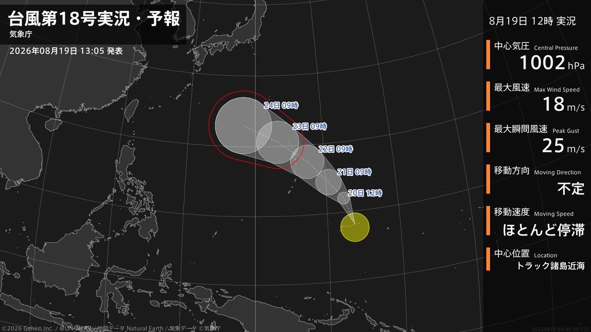 UN_NERV's tweet photo. 【台風第18号実況・予報 2026年08月19日 13:00】
台風第18号（ソウデル）が発生しました。 https://t.co/EAX207ywpJ