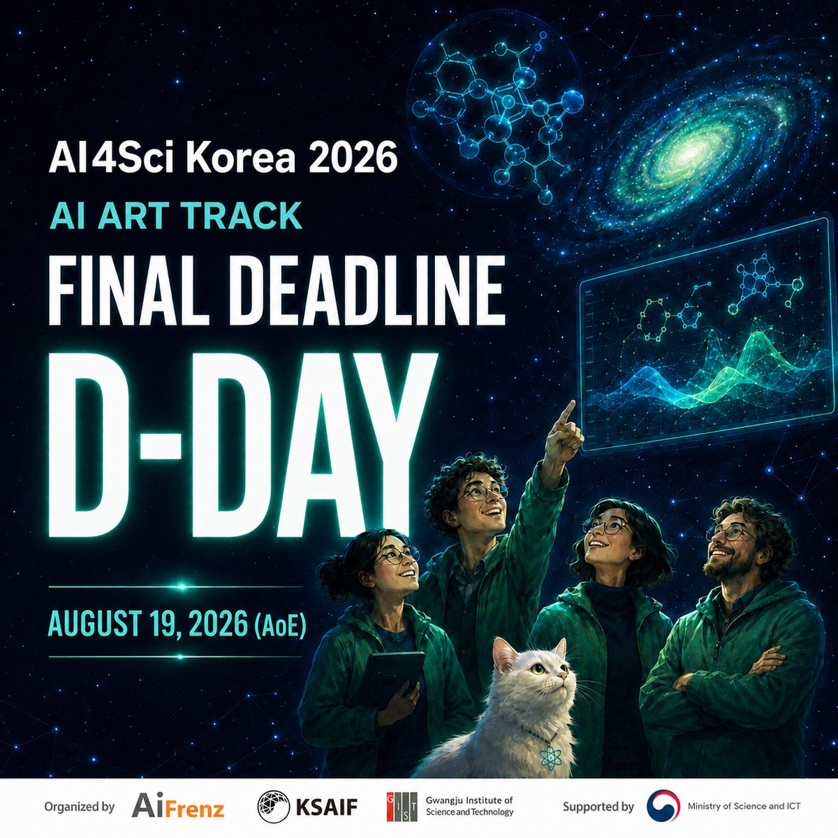 aifrenzx's tweet photo. 🎨 Final Deadline D-DAY!

Submit your AI Art Track work by Aug 19, 2026 (AoE). Scientific visuals, data visualizations, graphical abstracts &amp; outreach art welcome.

Free entry. Up to 2 works.
🔗 https://t.co/t24d7oPMLG
#AI4SciKorea #AIArt https://t.co/9Gy1p2BZXE