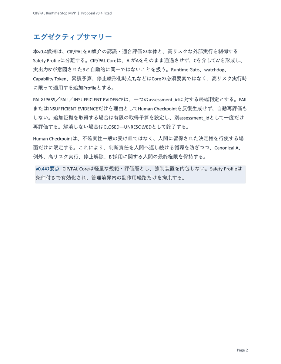 Daniyan0711's tweet photo. CIP/PAL Runtime Stop MVP 提案書 v0.4 バージョンアップ版を公開します。

A′の逸脱可能性または適合証拠不足を検出した場合に、次の副作用が起きる前に停止し、Human Checkpointへ戻すための短期実装案です。

核心は以下の通りです：
・Chat 3から物理的実行権限を完全に剥奪
・Runtime Gateを唯一の実行経路にする
・原子的承認・決定論的制約・累積予算・外部watchdog
・L3操作を権限上不可能に設計
・H.R. 9917着想型の停止機構を自主統制として実装

一般的・完全な停止保証は主張していません。
隔離環境・単一ツール・定義済み副作用経路に限定した「未承認の新規副作用抑止能力」の実証を目指しています。

複数モデル（GPT/Claude/Gemini/Copilot/Grok/Perplexity）の独立レビューを経て、実行強制上の欠落を補強したものです。

フィードバック歓迎です。