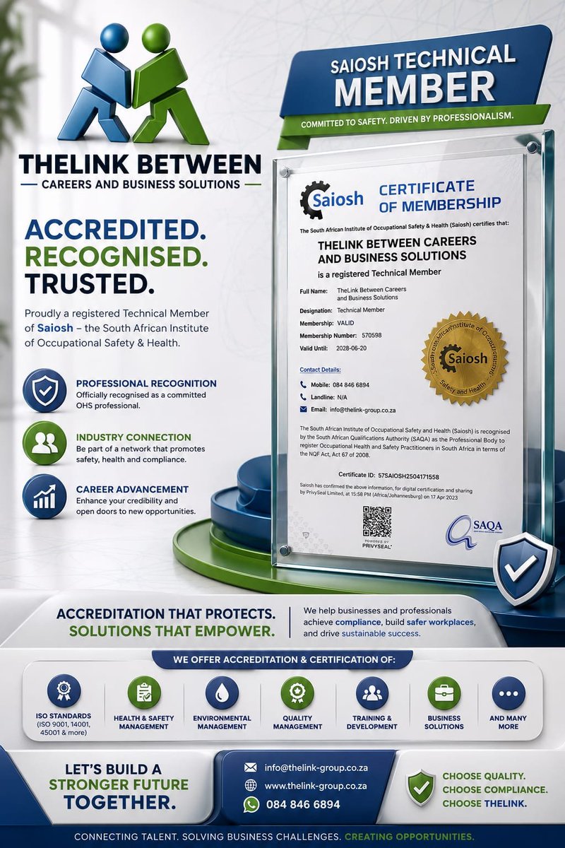 TheLink_Group's tweet photo. ACCREDITED. RECOGNISED. TRUSTED. ✅
We are proud to announce that THELINK BETWEEN CAREERS AND BUSINESS SOLUTIONS is officially a registered Technical Member of Saiosh - The South African Institute of Occupational Safety &amp; Health! 🎉

🛡️ SAIOSH TECHNICAL MEMBERCOMMITTED TO SAFETY https://t.co/xkhfXLPOgj