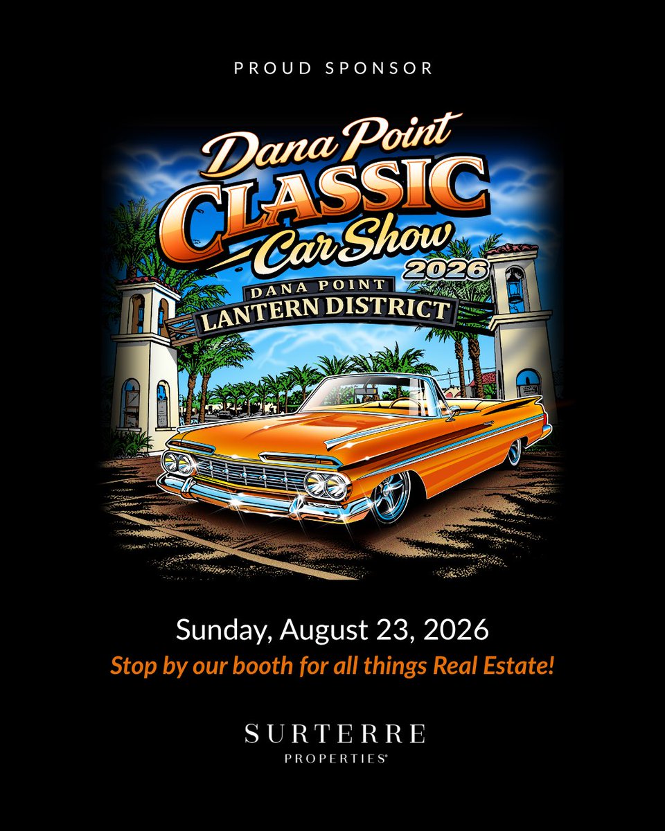 SanClementeRE's tweet photo. One of Dana Point’s favorite traditions is back! 
Join us at the Dana Point Classic Car Show for incredible cars and coastal fun. As a proud sponsor, Surterre Properties® will be there all day. Stop by our booth and say hello!
#DanaPointCarShow #SurterreProperties https://t.co/ByHPaYnCbj