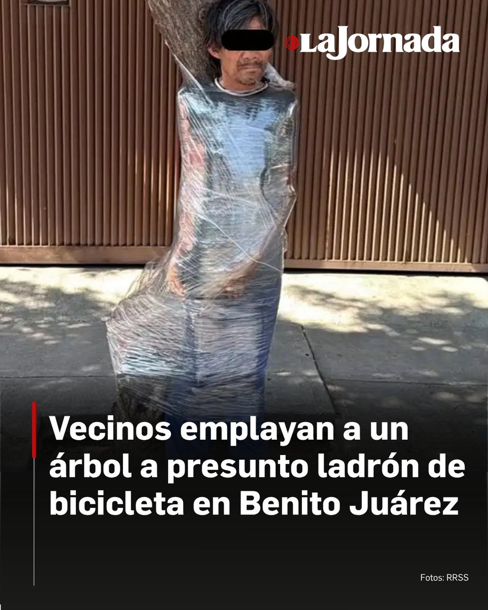 lajornadaonline's tweet photo. Vecinos de la colonia Independencia en Benito Juárez, amarraron a un árbol a un sujeto, quien había intentado robar una bicicleta que fue amarrada afuera de un domicilio, por lo que posteriormente fue liberado por elementos de la SSC, para su puesta a disposición de las autoridades ministeriales.

El dueño de la bicicleta comenzó a escuchar ruidos, y cuando salió observó que un sujeto se había llevado la bici; al dar aviso a las autoridades, vecinos reaccionaron y persiguieron al delincuente.

Lee la nota: https://t.co/MZZkF9QbKP