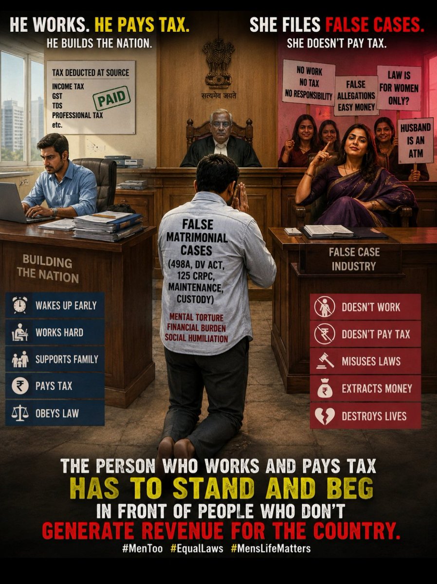 TrumpSaveBharat's tweet photo. The bitter reality:

A person who works hard, pays income tax and keeps the economy running can end up standing with folded hands in court, fighting for his family, dignity and even access to his children.

Meanwhile, misuse of matrimonial laws can turn the legal system into a weapon.

Justice must protect the innocent—not punish the taxpayer.

#MenToo #EqualLaws #MensLifeMatters #LegalReform #India