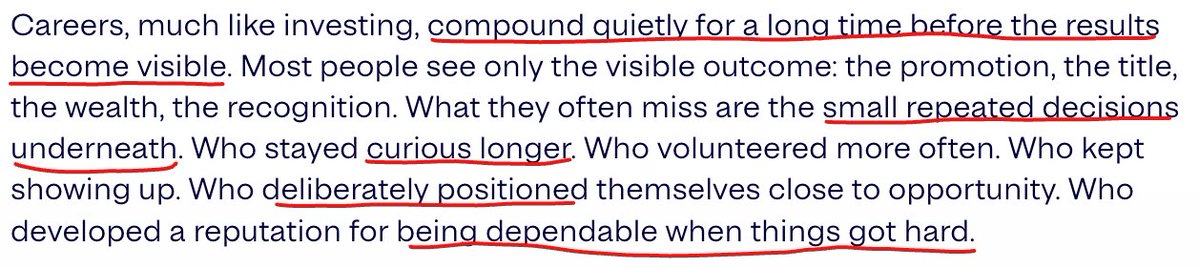 marginofstpdty's tweet photo. Excerpt from @gvravishankar 's brilliant piece on career advice. It has some unexpected lessons for investing too. 
Def. going in my stack of supertexts that I reread every few months. note to self:

- Cultivate and nurture curiosity
- Learn relentlessly
- Be alert to rate of change 
- Be high-agency - someone people want to work with 
- Work hard; harder than what's reasonable - competition thins out near extremes 
- Set a high bar for self

https://t.co/CccjRmkJTl