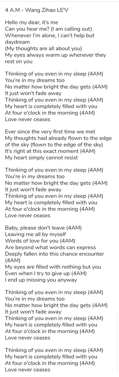 NU_Azmee's tweet photo. Wang Zihao LE'V 《4 A.M》
Co-written by Wang Zihao LE'V and Yan Muchen Ace
Composed by Yan Muchen Ace
Arranged by Yan Muchen Ace
Recording Studio: Chromosome Studio
OP SP : The Four Holy Beast Management 

"Thinking of you even in my sleep
My heart is completely filled with you" https://t.co/Yry2gqOl0A