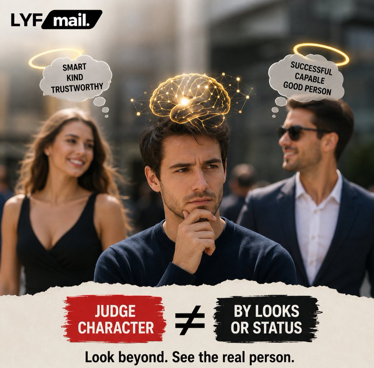 lyfmailcom's tweet photo. The halo effect makes you think attractive people are smarter and successful people are kinder.
Your brain takes shortcuts.
Judge character by behavior, not packaging.
#HaloEffect #Judgment #Psychology #MentalHealth #LYFMail https://t.co/TpFTeCbGmc