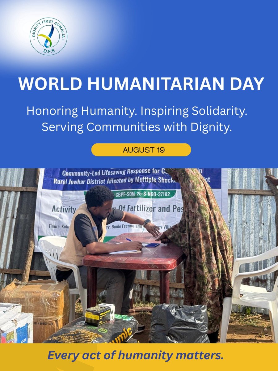 DFSSomalia's tweet photo. Happy World Humanitarian Day!
#WorldHumanitarianDay

Today, we celebrate humanity, compassion, solidarity, and our shared responsibility to build a world where dignity and hope are for everyone.

Together, we stand for humanity. 

#DFS #Somalia #Humanity #Solidarity #Dignity  #ActForHumanity #WHD
