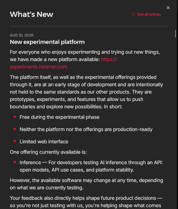 Hetzner Experiments screenshot announcing a free experimental inference platform for developers
