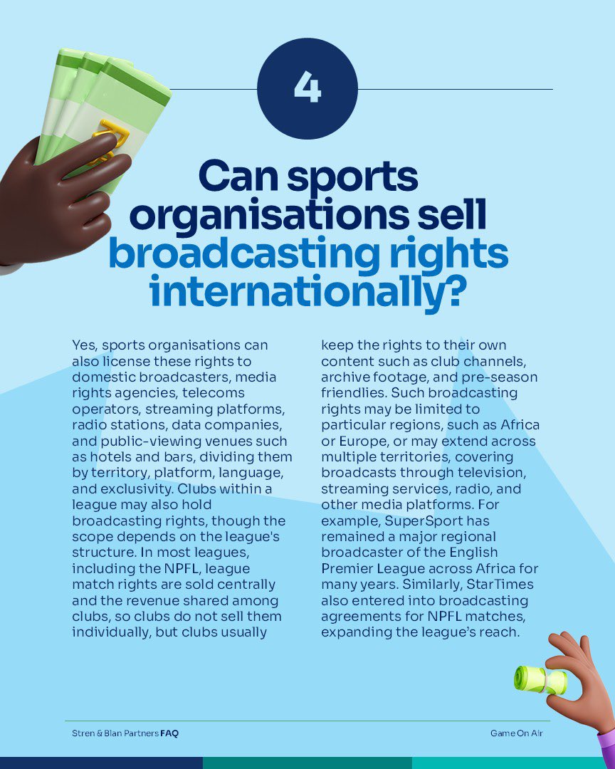 Strenandblan's tweet photo. Who gets to broadcast a sporting event? Who owns those rights? And where do athletes’ image rights fit into the picture?

Sports broadcasting involves a network of commercial rights that can be divided by territory, platform, language and exclusivity, with different parties https://t.co/GGi10AfAfQ