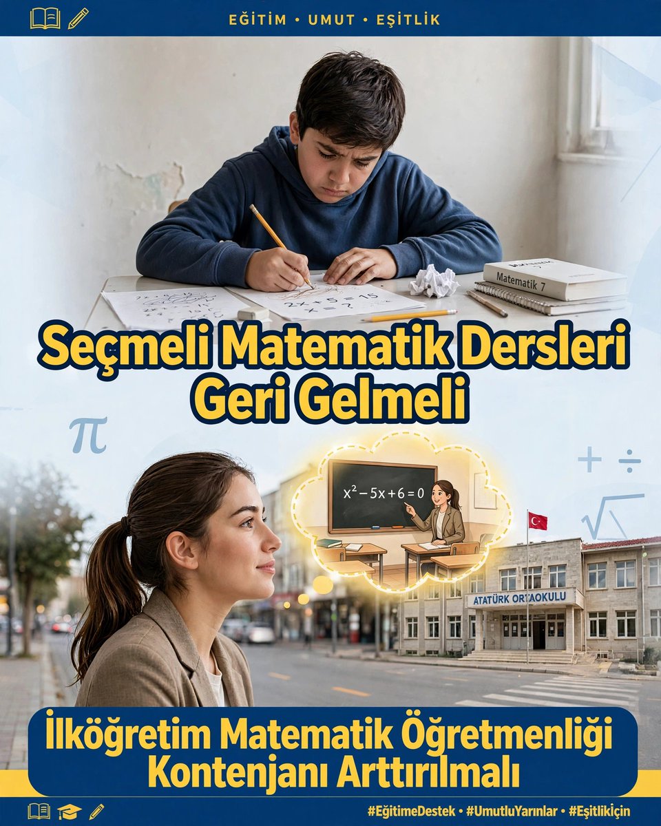 Ayse_ari15's tweet photo. @Yusuf__Tekin İlköğretim matematik öğretmenleri aniden düşen alımlar yüzünden mağdur. İlköğretim matematik öğretmenliği kontenjanı arttırılmalı, fırsat ve imkân eşitliği için seçmeli matematik dersleri geri gelmelidir. #ilkmatsecmeligerigelsin https://t.co/a5Hw10Gf86