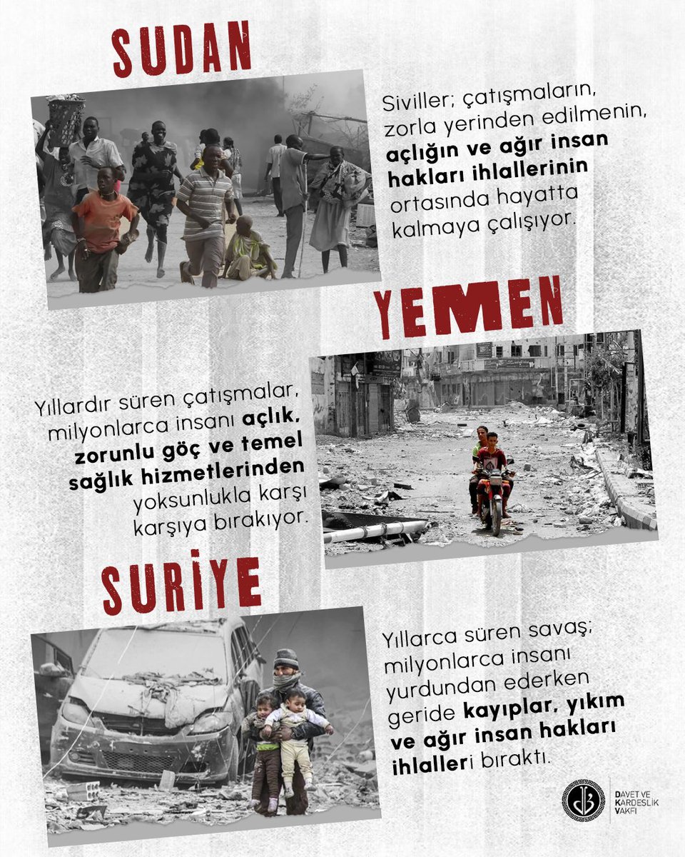 dkv_org's tweet photo. Gazze’den Doğu Türkistan’a, Sudan’dan Yemen ve Suriye’ye… Coğrafyalar değişse de insanlığın yarası aynı.

Milyonlarca insan bugün yaşam, güvenlik, barınma, gıda ve sağlık gibi en temel haklarından mahrum bırakılıyor.

Beş coğrafya. Milyonlarca hayat. Tek bir çağrı: İnsanlık. https://t.co/8zd164wImd
