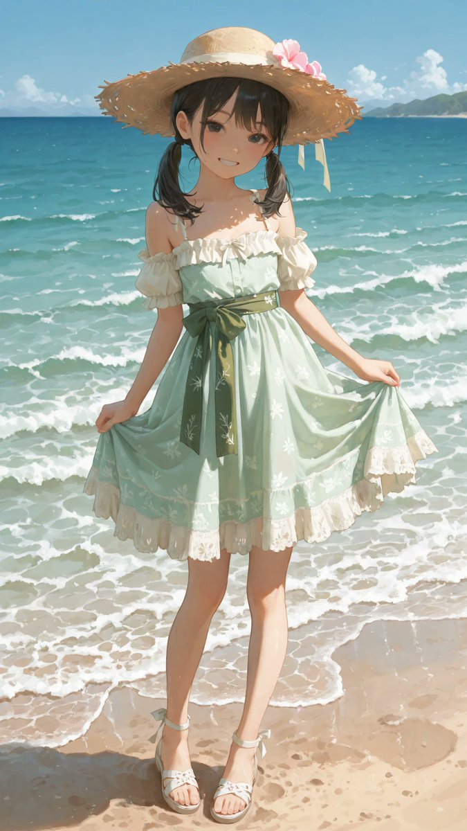 AliceLavli's tweet photo. 村娘の様な衣装プロンプトをどうぞ✨
olive-green one-shoulder summer midi dress, lightweight matte cotton fabric, fitted upper bodice, one narrow olive-green shoulder strap, asymmetrical neckline covered by a wide white eyelet-lace ruffle sweeping diagonally across the chest and over one shoulder, scalloped embroidered ruffle edge, opposite shoulder left bare, high gathered elastic waist, matching olive-green fabric sash tied into a large flat bow at the center front, two long pointed ribbon tails, softly gathered flared A-line skirt ending below the knees, wide pure-white eyelet-lace hem panel, delicate cutwork floral embroidery and scalloped lower edge, strict olive-green bodice, sash and main skirt, pure-white neckline ruffle and hem panel, clean two-color placement, relaxed feminine summer silhouette, wide-brim natural straw hat decorated with two small dusty-pink roses, black flat slide sandals decorated with large white pearls