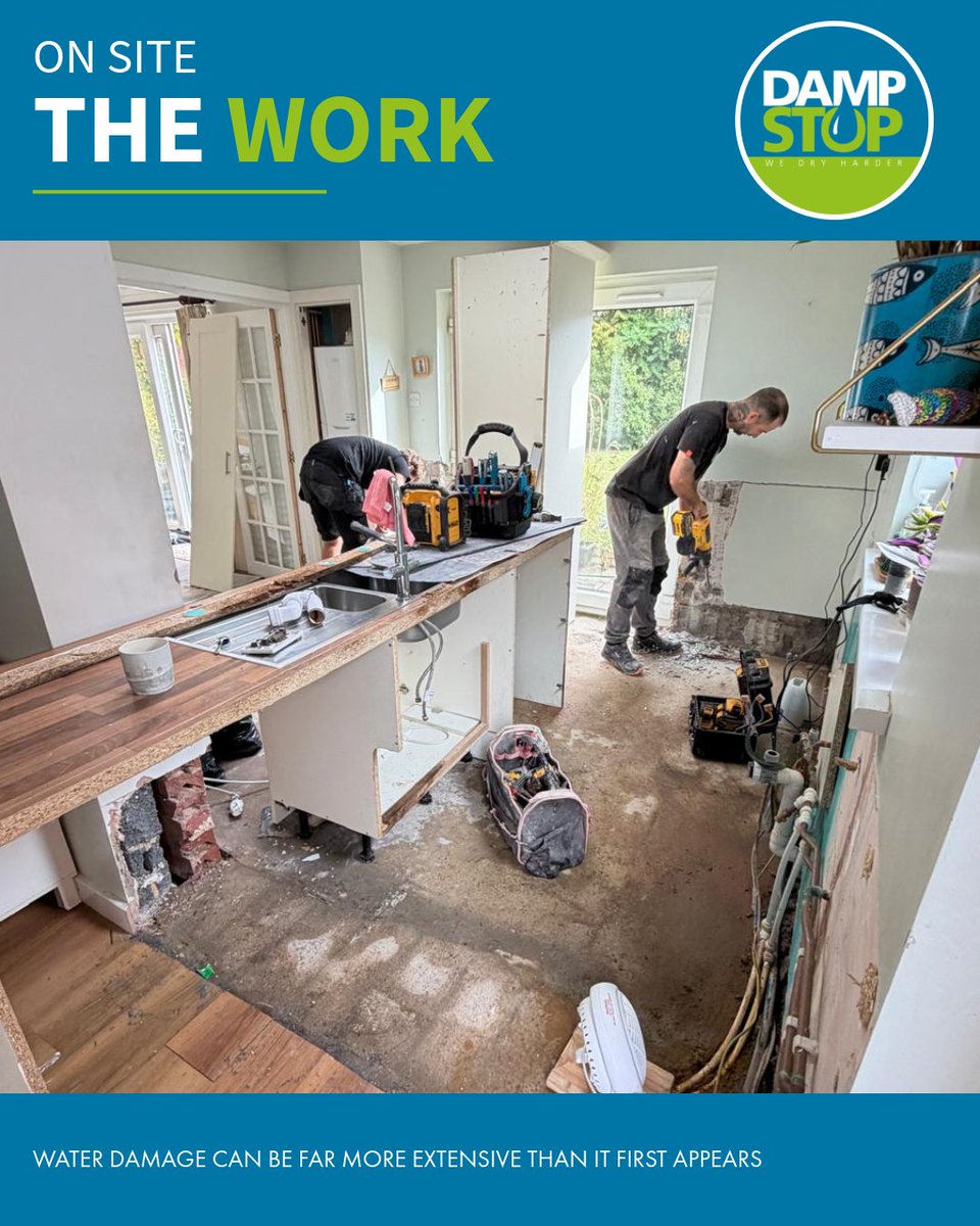 DampStop's tweet photo. A leaking washing machine caused this.

What started as a leak resulted in significant moisture damage.

We're carrying out specialist replastering and floor reinstatement; alongside an Eco Drain system outside to help manage rainwater and moisture.

#DampProofing #WaterDamage https://t.co/bXIxgnL4Bn