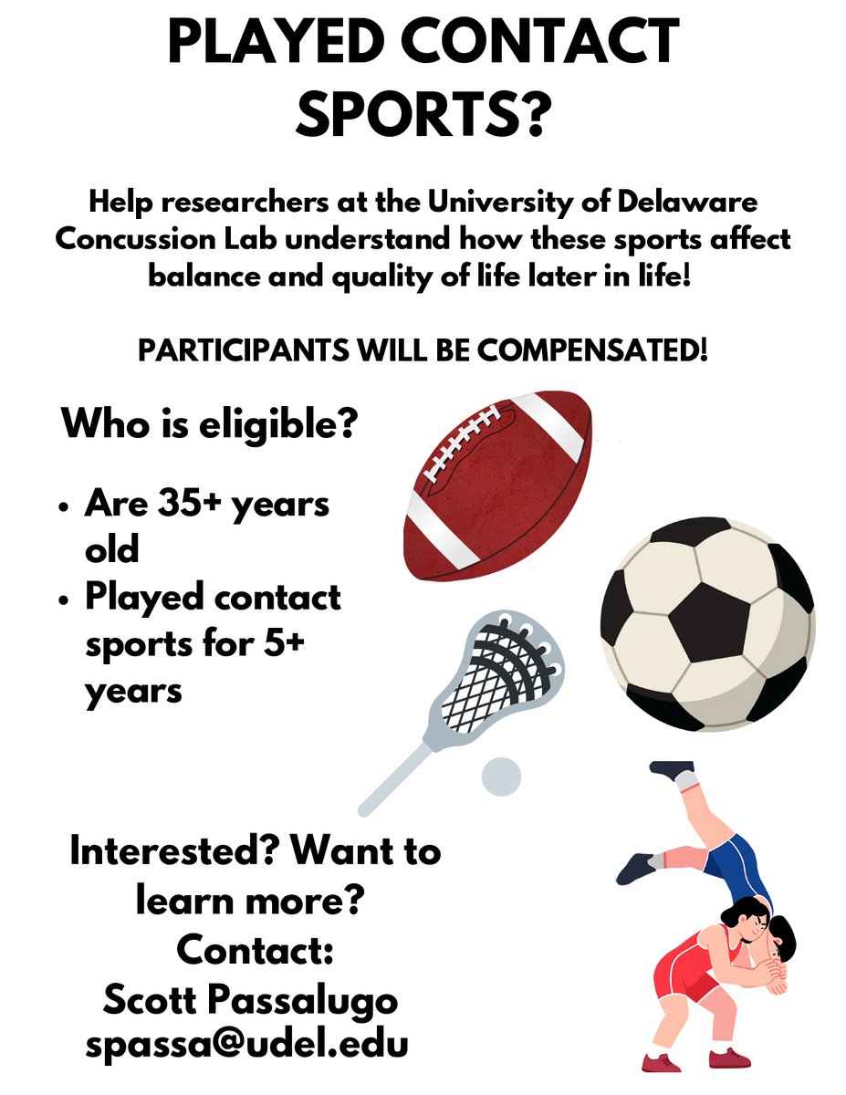 UD_CHRC's tweet photo. Played contact sports?
Help researchers at the University of Delaware Concussion Lab understand how these sports affect balance and quality of life later in life! https://t.co/qsqv0iTjaL