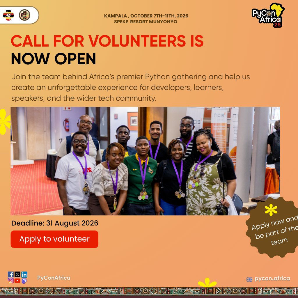 pyconuganda's tweet photo. Call for volunteers for #PyConAfrica2026 is now open.

Deadline: Aug 31.

📍 Kampala, Oct 7-11

Apply Here: https://t.co/qNdsoKxdsI https://t.co/19jPUSEJuG