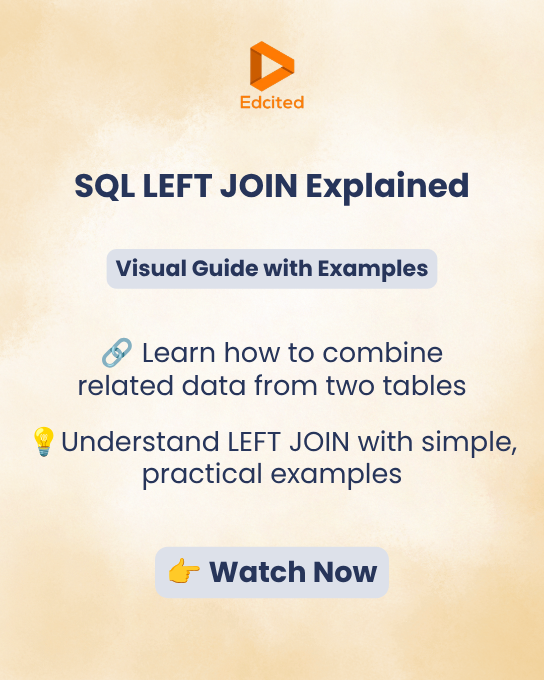 Edcited_'s tweet photo. Watch the full video here: https://t.co/G19Y79Xqz7
#SQL #DataScience #SQLLeftJoin #LearnSQL #DatabaseManagement #CodingTutorial #Edcited #DataAnalytics #TechSkills #DatabaseQuery https://t.co/ZYaQAs45bl