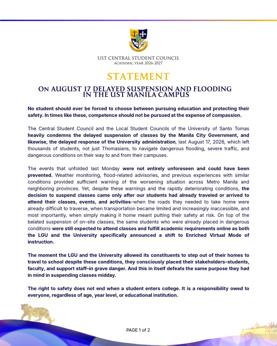 ust_csc's tweet photo. READ: UST Central Student Council and Local Student Councilsโ Statement on the August 17 Delayed Suspension and Flooding in the UST Manila Campus.
#CSC2627
#HigitNaPalabanHigitNaMakabayan https://t.co/YW8nTqrZS6