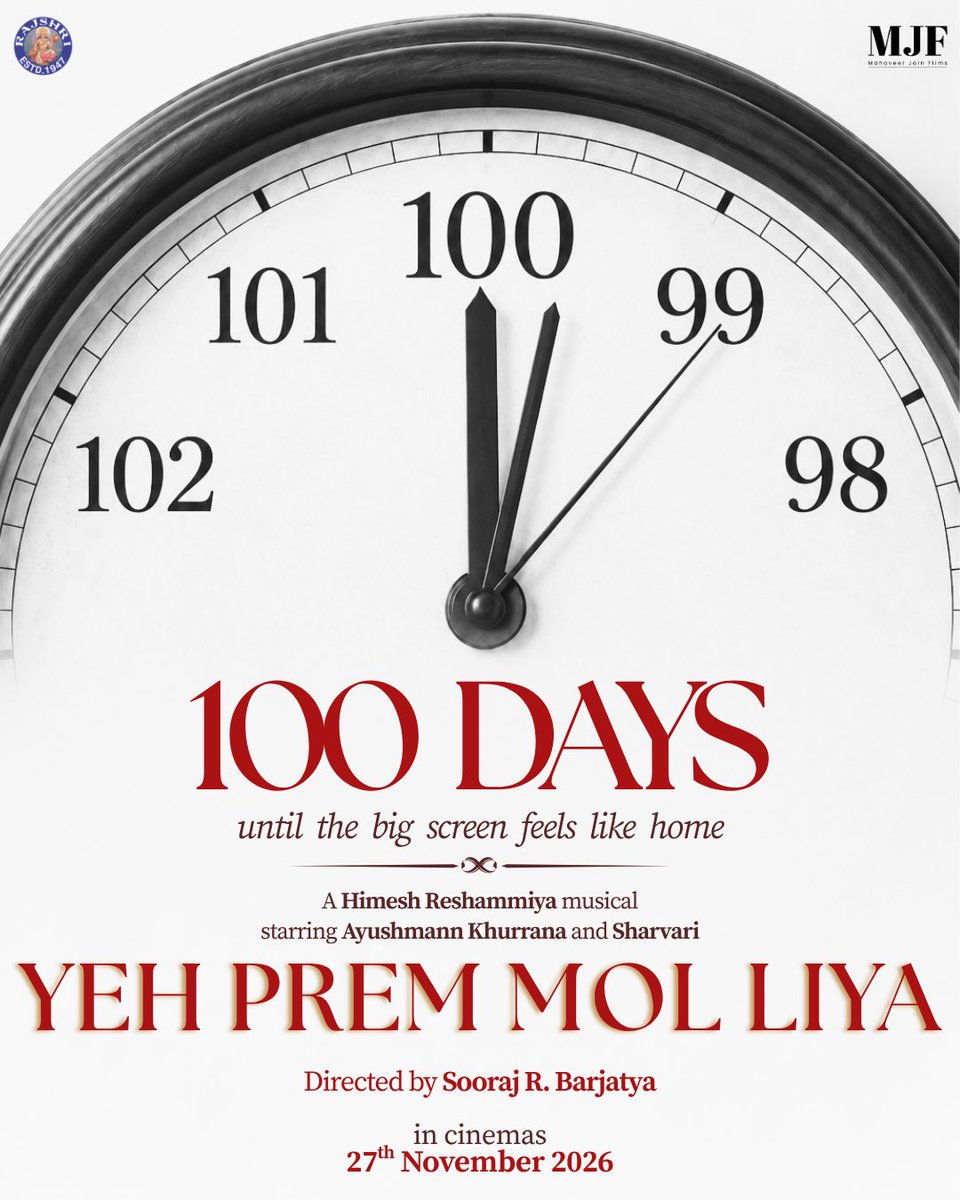 YehPremMolLiya's tweet photo. We'll see you in theatres in a 100 Days! ♥️

A Himesh Reshammiya Musical
Starring Ayushmann Khurrana &amp; Sharvari
Directed By Sooraj R. Barjatya

#YehPremMolLiya - In Cinemas 27th November 2026 ✨

#SoorajBarjatya | @rajshrifilms | @MahaveerJFilms | @ayushmannk https://t.co/TStPaS4Cg8