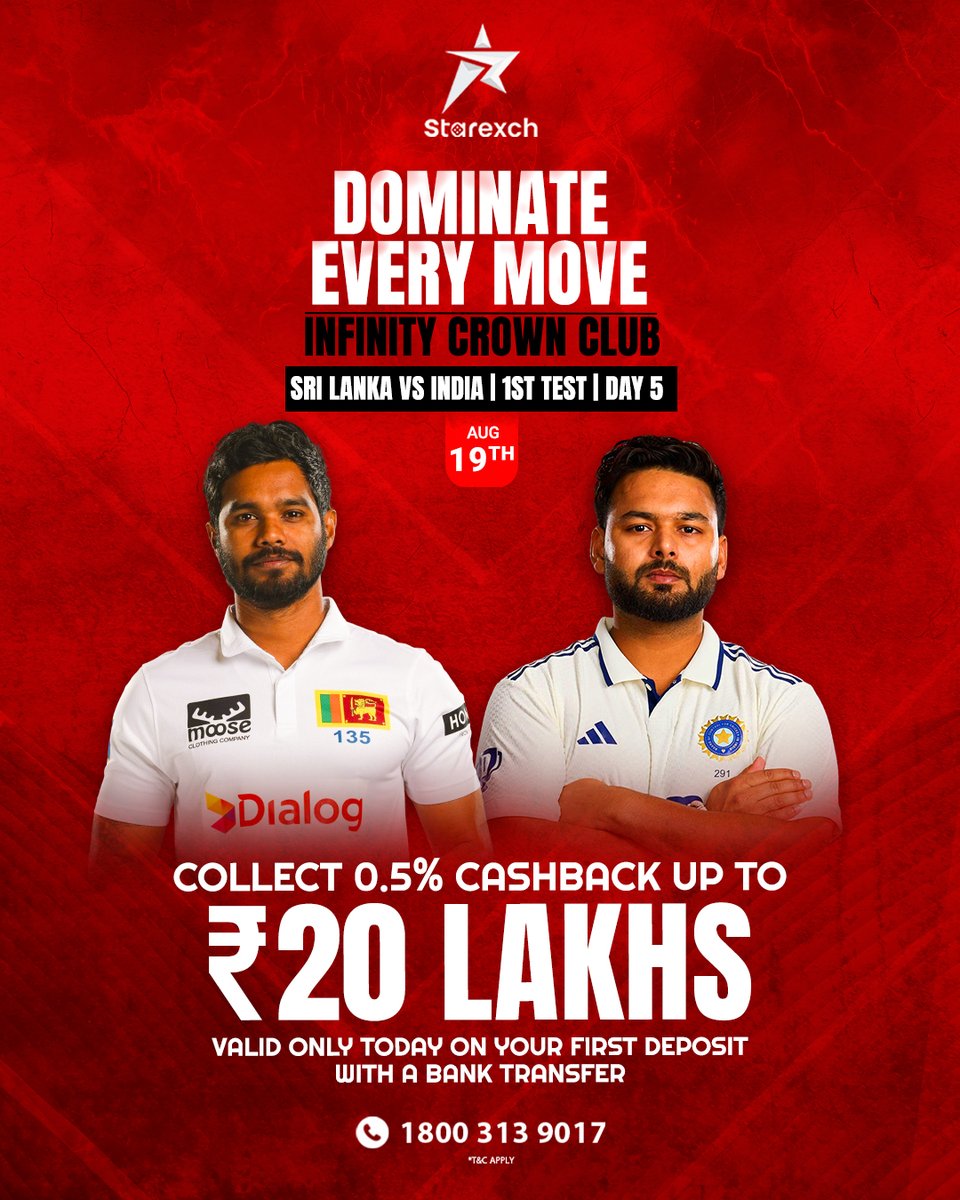 Starexch's tweet photo. Dominate Every Move. 🏏🔥

Sri Lanka vs India — 1st Test, Day 5.
The final day. The biggest moments. Every move matters.
Follow the action and stay locked in.

#SLvsIND #INDvsSL #SriLankaCricket #TeamIndia #TestCricket #CricketFans #CricketMatch #CricketUpdates #CricketLive #Day5 https://t.co/pm57QICuyW