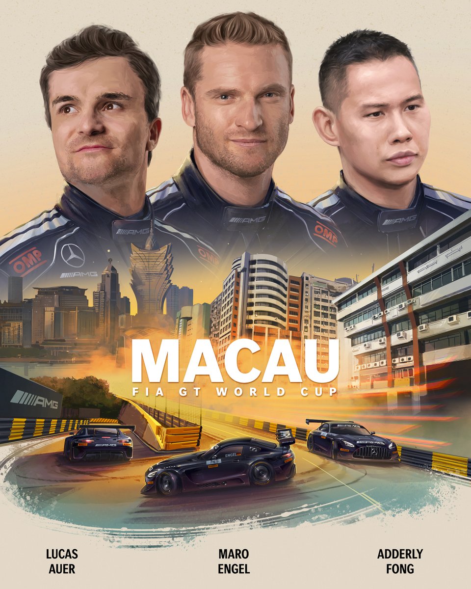 amgmotorsport's tweet photo. #MacauGP - One of the world’s most iconic street circuits awaits. 🤩

The #FIAGTWorldCup is calling, and we’re taking on the challenge with a star-studded line-up.

👉 Maro Engel and Adderly Fong for Craft-Bamboo Racing
👉 Lucas Auer for Tigani Motorsport

We can’t wait to be back!

🗞️ Read more: https://t.co/onXWbUhby3 

🎨 Andrew Mytro

#AMG