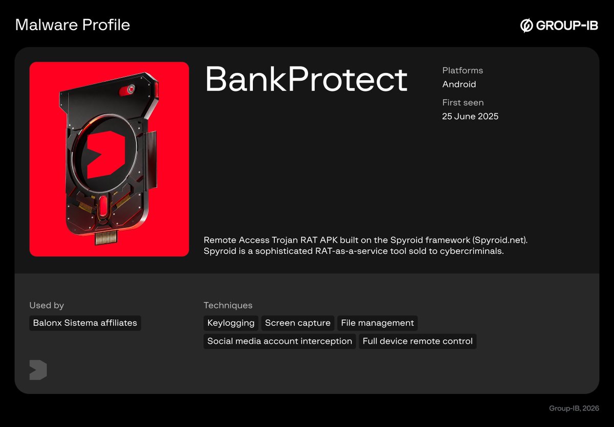 GroupIB's tweet photo. Balonx Sistema is a Mexican #PhaaS operation targeting 20+ banks with real-time WebSocket session control, Spyroid-based Android RAT (BankProtect), and AI-powered #vishing automation. Since October 2025, over 1,100 victims have had credentials and financial data harvested. This is criminal SaaS at industrial scale. #ThreatIntel