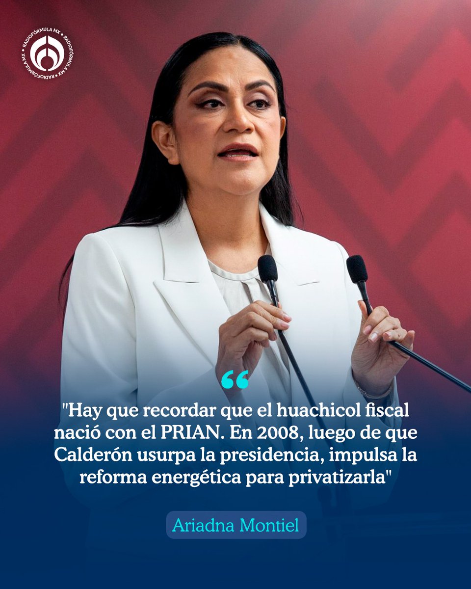 Radio_Formula's tweet photo. 💢☝️"El huachicol fiscal nació con el PRIAN": Ariadna Montiel (@A_MontielR) recordó que Felipe Calderón impulsó la reforma energética, lo que, según señaló, permitió que ocurrieran crímenes como el tráfico de hidrocarburos. https://t.co/T9j6SYzovG