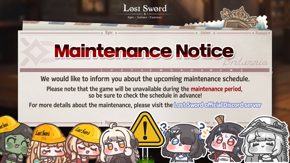 LostSword_EN's tweet photo. Lost Sword Maintenance Notice 🚧
We will be performing maintenance for an update on August 20 (UTC+9).

📌 Maintenance Period
 · August 20, 10:00 AM ― 4:00 PM (UTC+9)

📌 Maintenance Details
 · New content updates
 · Server stability improvements
⋆ Maintenance may end earlier or later than scheduled depending on the situation.
⋆ A detailed update announcement will be provided when maintenance is complete.

For more information, please visit our official Discord server or subreddit. :)

👉 Go to Lost Sword Official Discord: 
https://t.co/lHpGc31ILI

#LostSword #LTSD #Maintenance