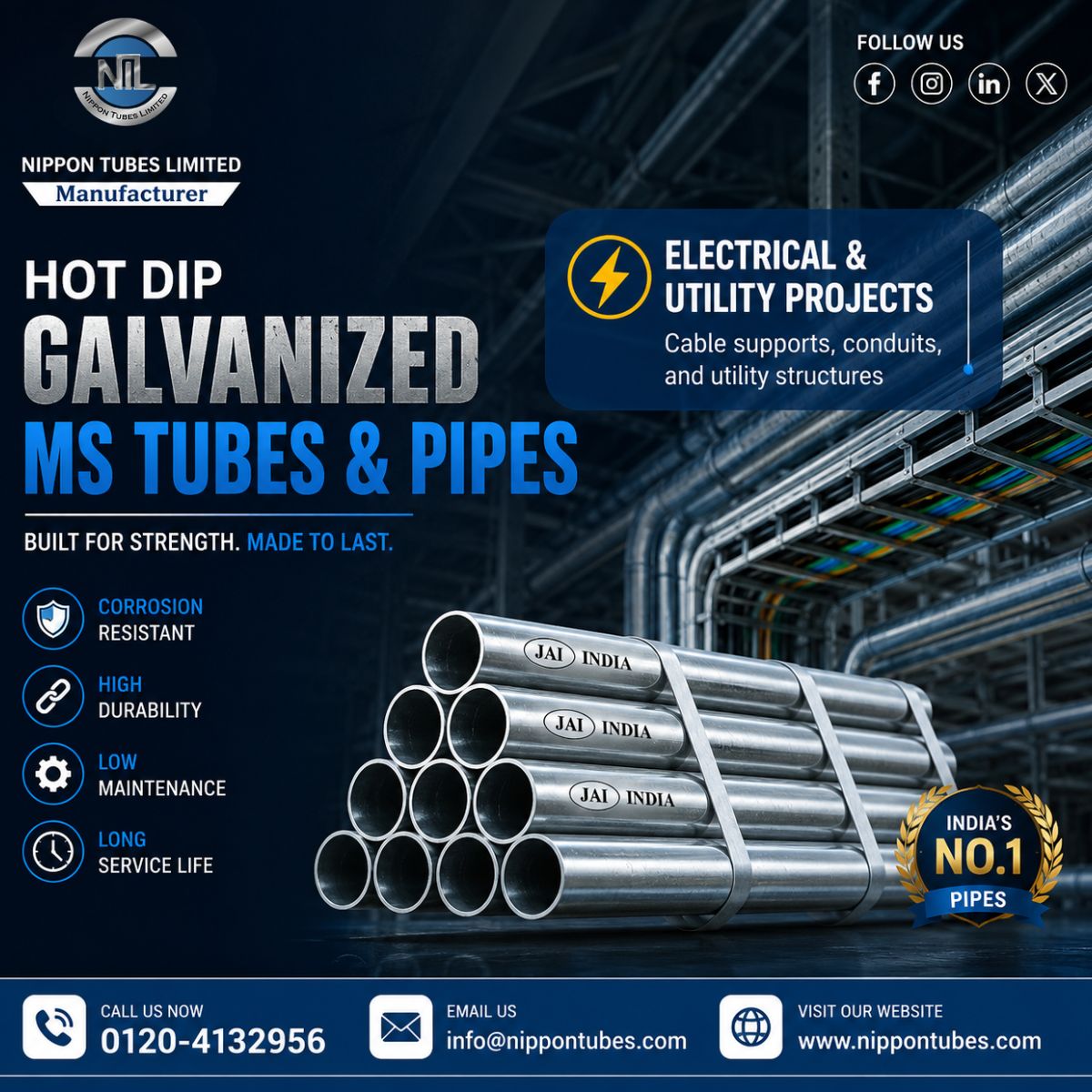 Nippontubesltd's tweet photo. 💪 Built for strength. Made to last. 💪

Nippon Tubes Galvanized MS Pipes deliver corrosion resistance, durability &amp; reliable performance for electrical and utility projects.

📞 Call Us: +91 120-413-2956
📧 Email: info@nippontubes.com
🌐 Website: https://t.co/3UZK84IO5r https://t.co/R1QXChs6JJ