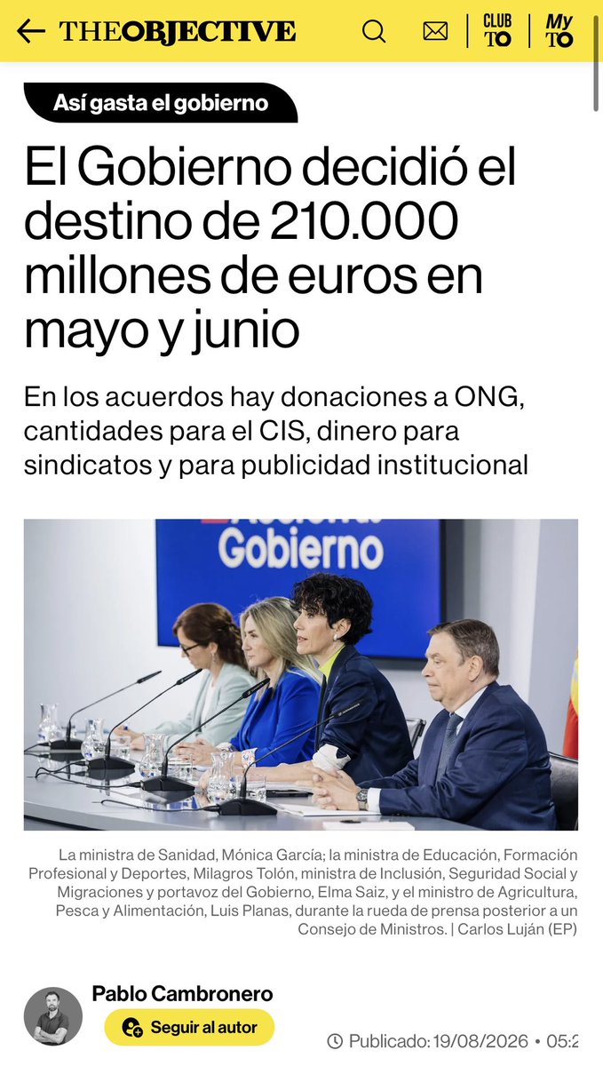 PabloCamPiq's tweet photo. ⭕️ Hoy les cuento en @TheObjective_es que en mayo y junio el Gobierno decidió el destino de 210.000 millones de €. LEAN, PAGAN USTEDES…

Millones para el CIS, Publicidad Institucional, para ONG, Sindicatos, extranjeros y mucho más.

Sin control, sin debate…👇🏼

https://t.co/BqFDgLo3Ts